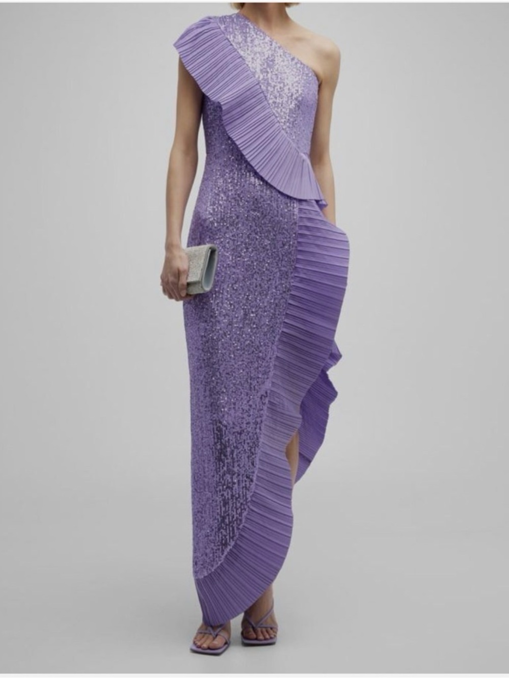 One33 Social Mercer One Shoulder Lavender Sequin Ruffle Gown